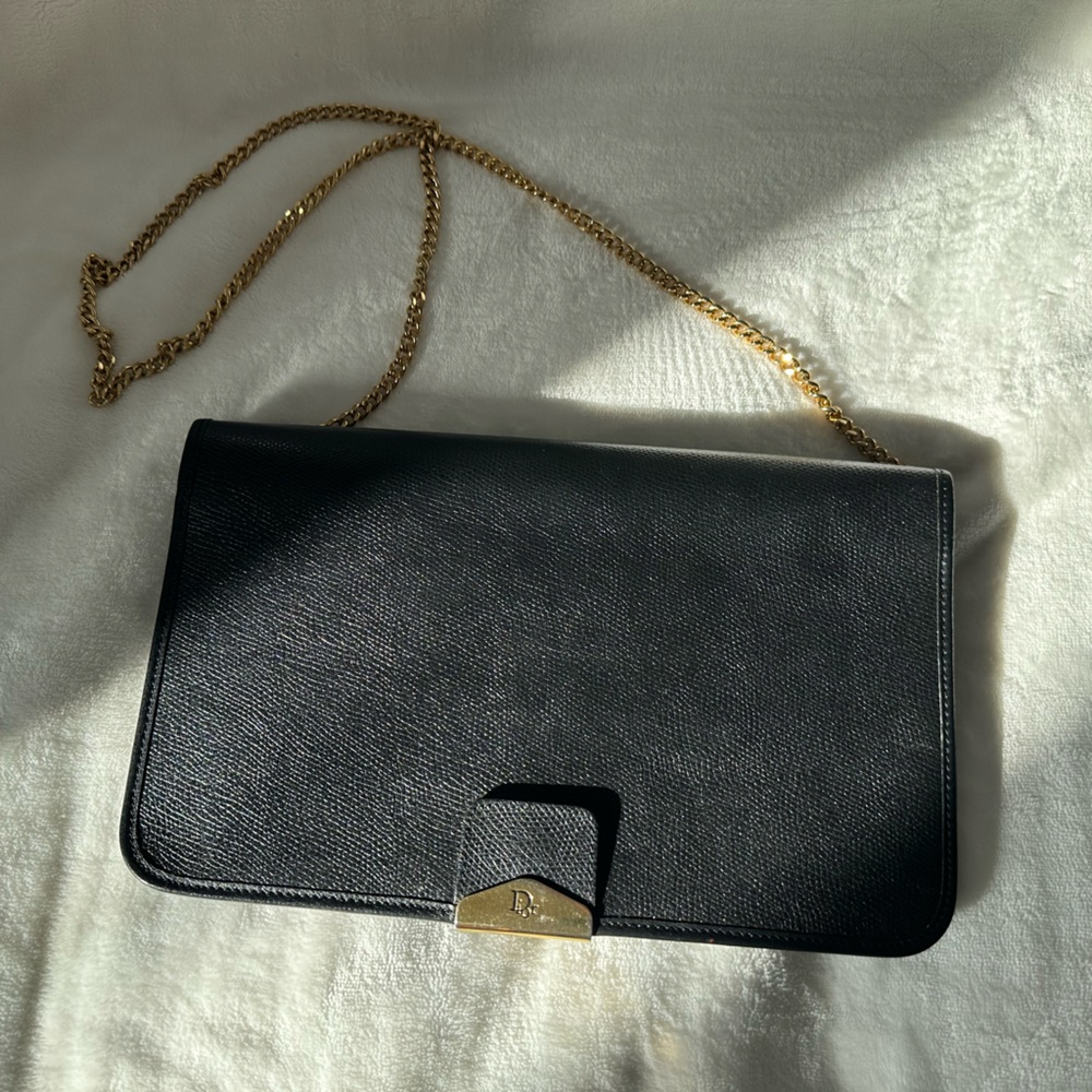 Vintage Dior Black Crossbody Bag with Gold chain & honeycomb interior